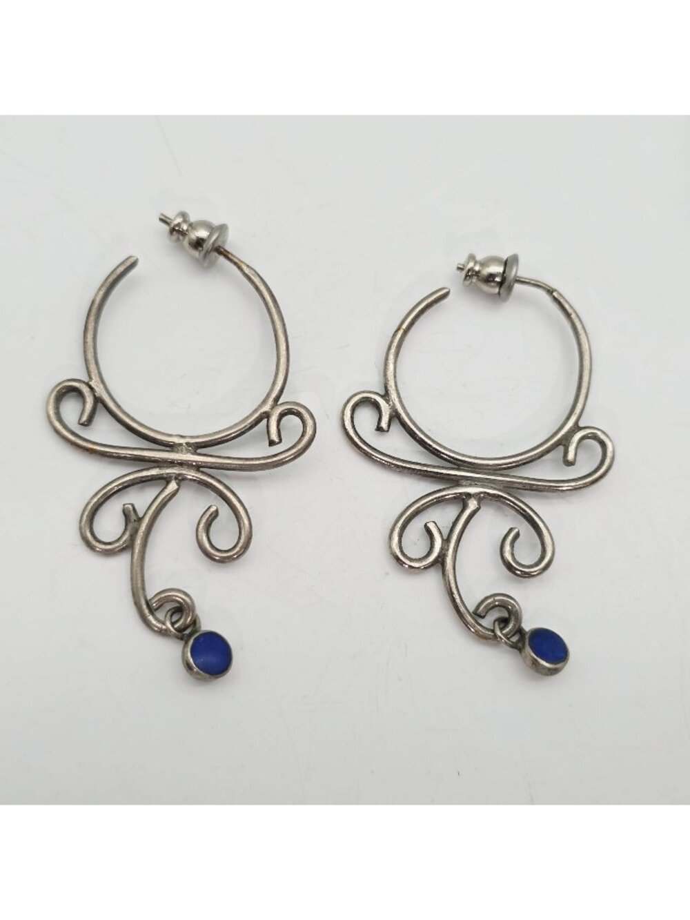 Vintage Silver-Tone Hoop Earrings With Scroll Design & Blue Stone Accents